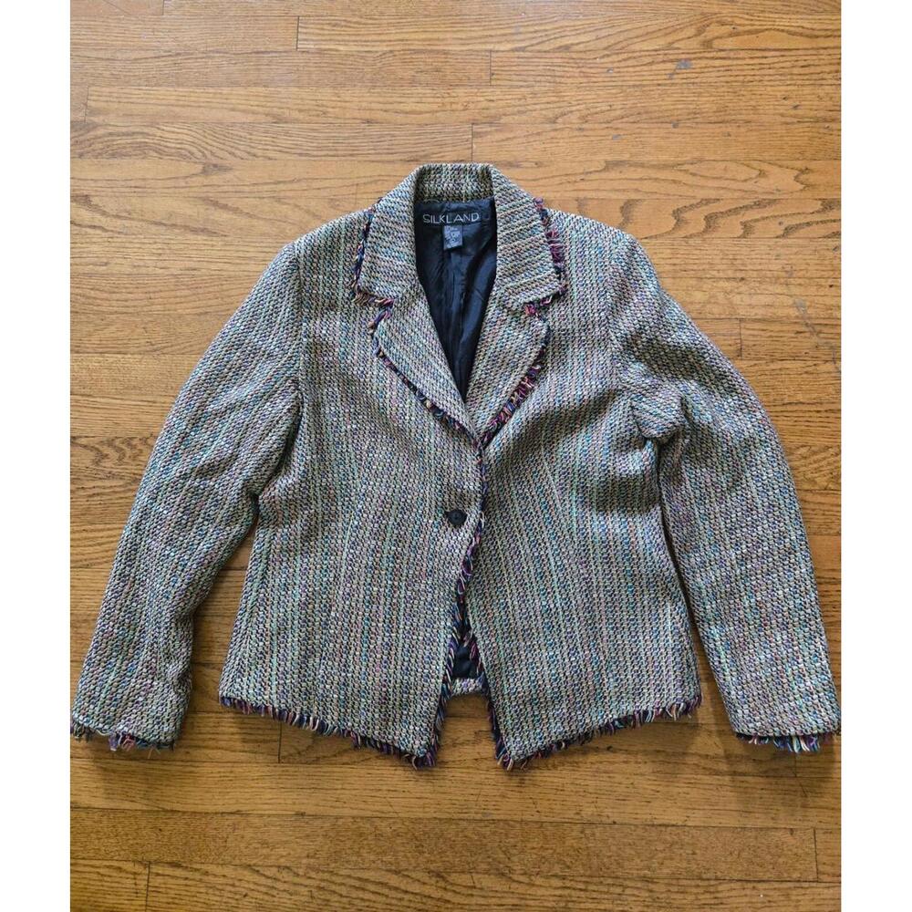 Vintage Silkland Womens Large Silk Blend Tweed Blazer Fringe Trim